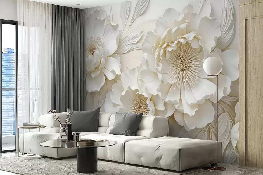 murais de parede Elegantes e volumosas flores de imitação de peônia branca com pétalas macias e centros em amarelo pastel, em um fundo claro w08431