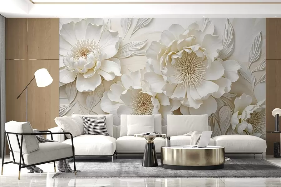 murais de parede Elegantes e volumosas flores de imitação de peônia branca com pétalas macias e centros em amarelo pastel, em um fundo claro w08431