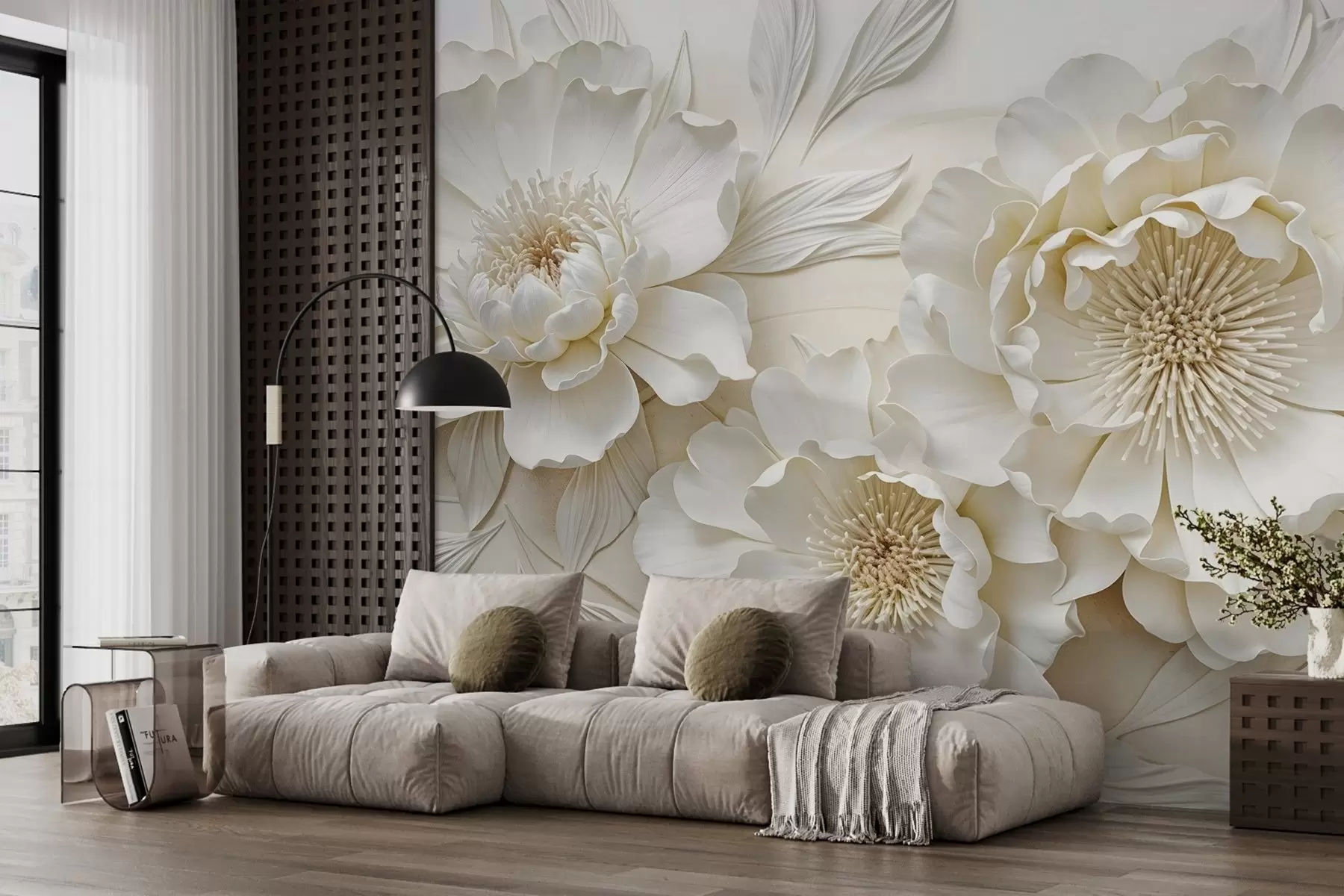 murais de parede Elegantes e volumosas flores de imitação de peônia branca com pétalas macias e centros em amarelo pastel, em um fundo claro w08431