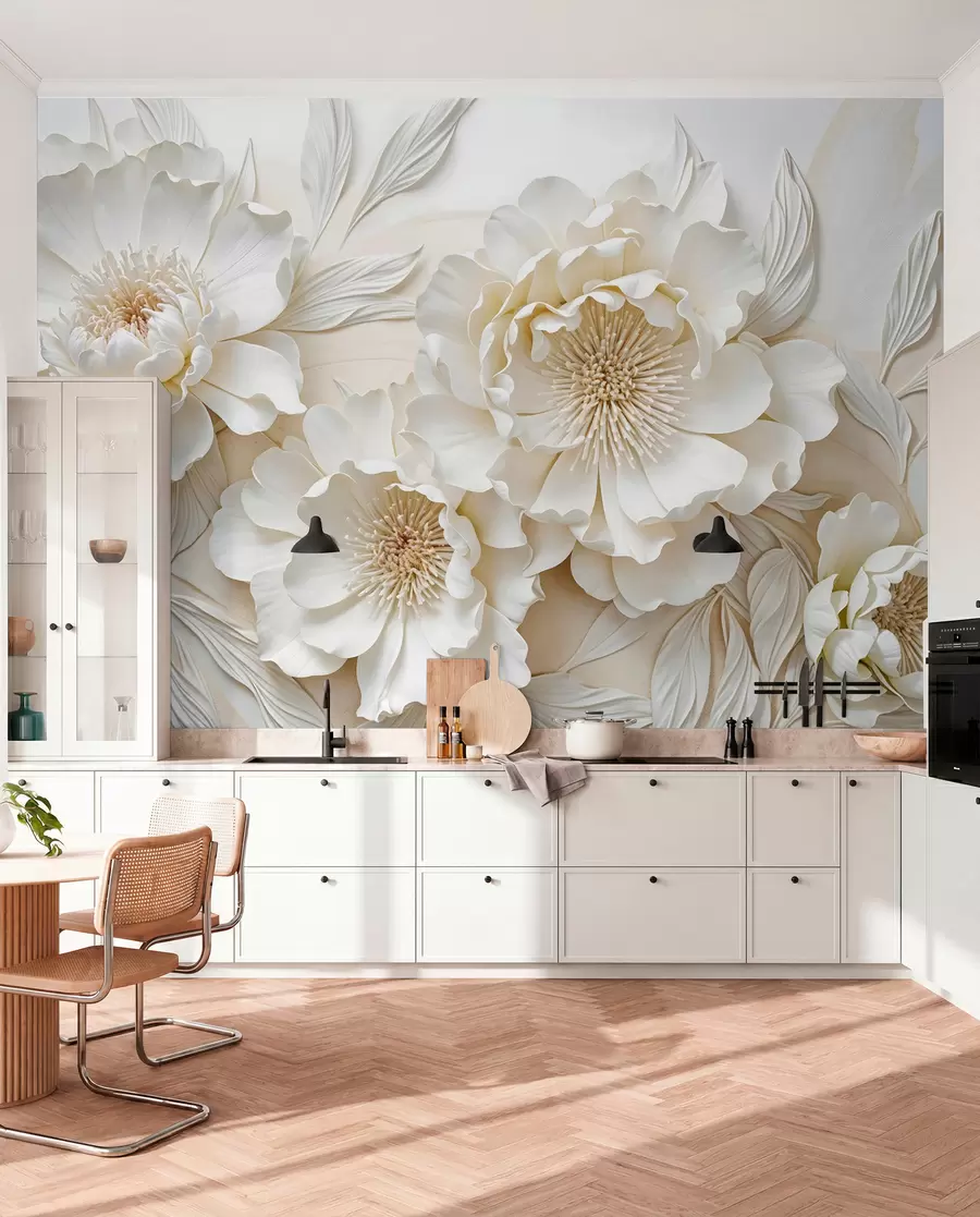 murais de parede Elegantes e volumosas flores de imitação de peônia branca com pétalas macias e centros em amarelo pastel, em um fundo claro w08431