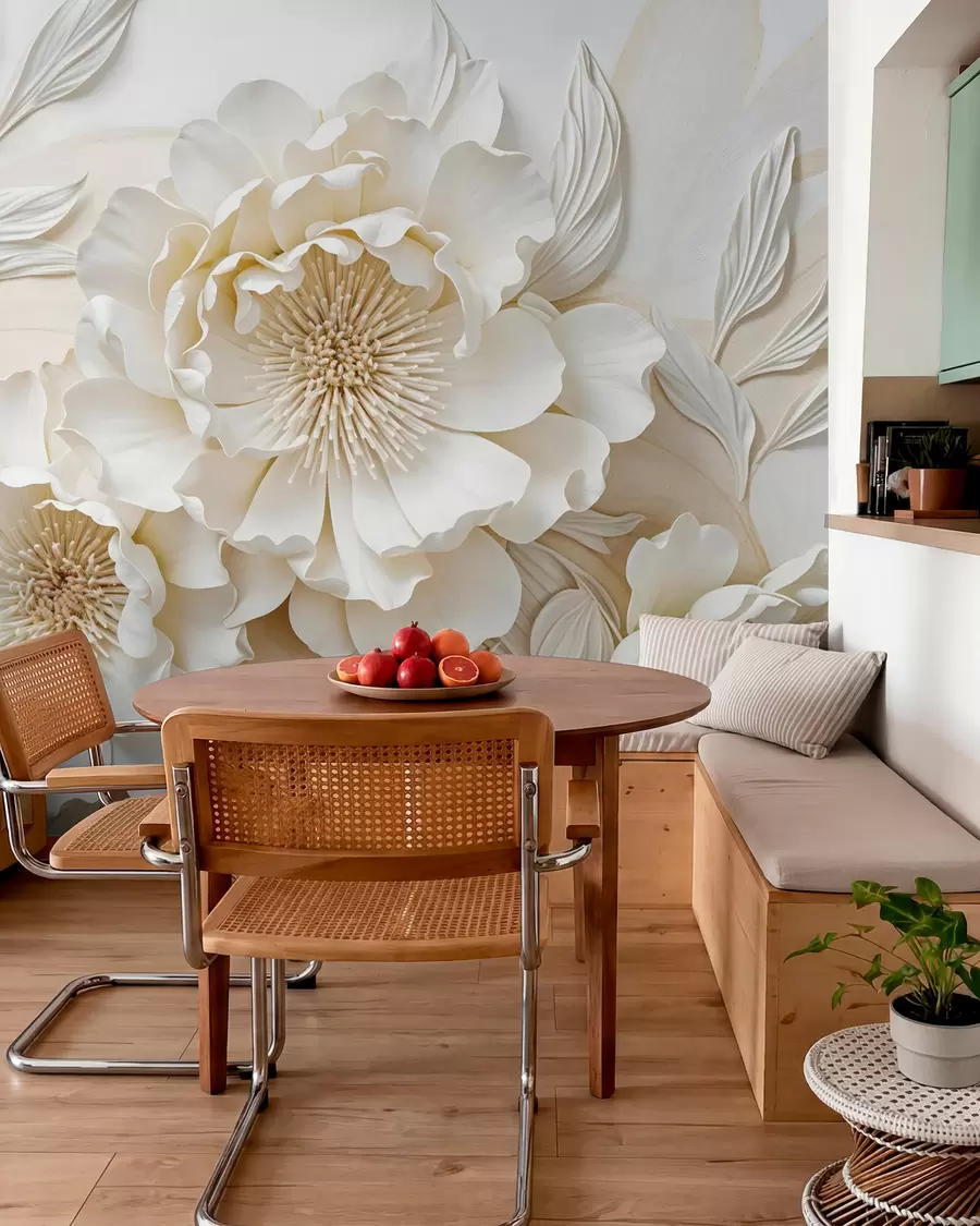 murais de parede Elegantes e volumosas flores de imitação de peônia branca com pétalas macias e centros em amarelo pastel, em um fundo claro w08431