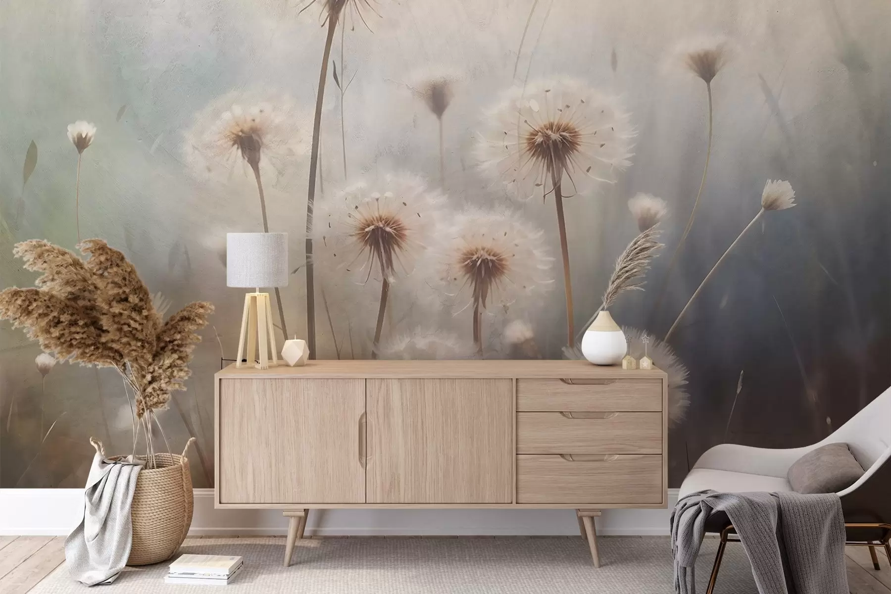 murais de parede Flores de dente-de-leão com foco suave em um campo, com um fundo texturizado em tons pastéis desfocado w08432