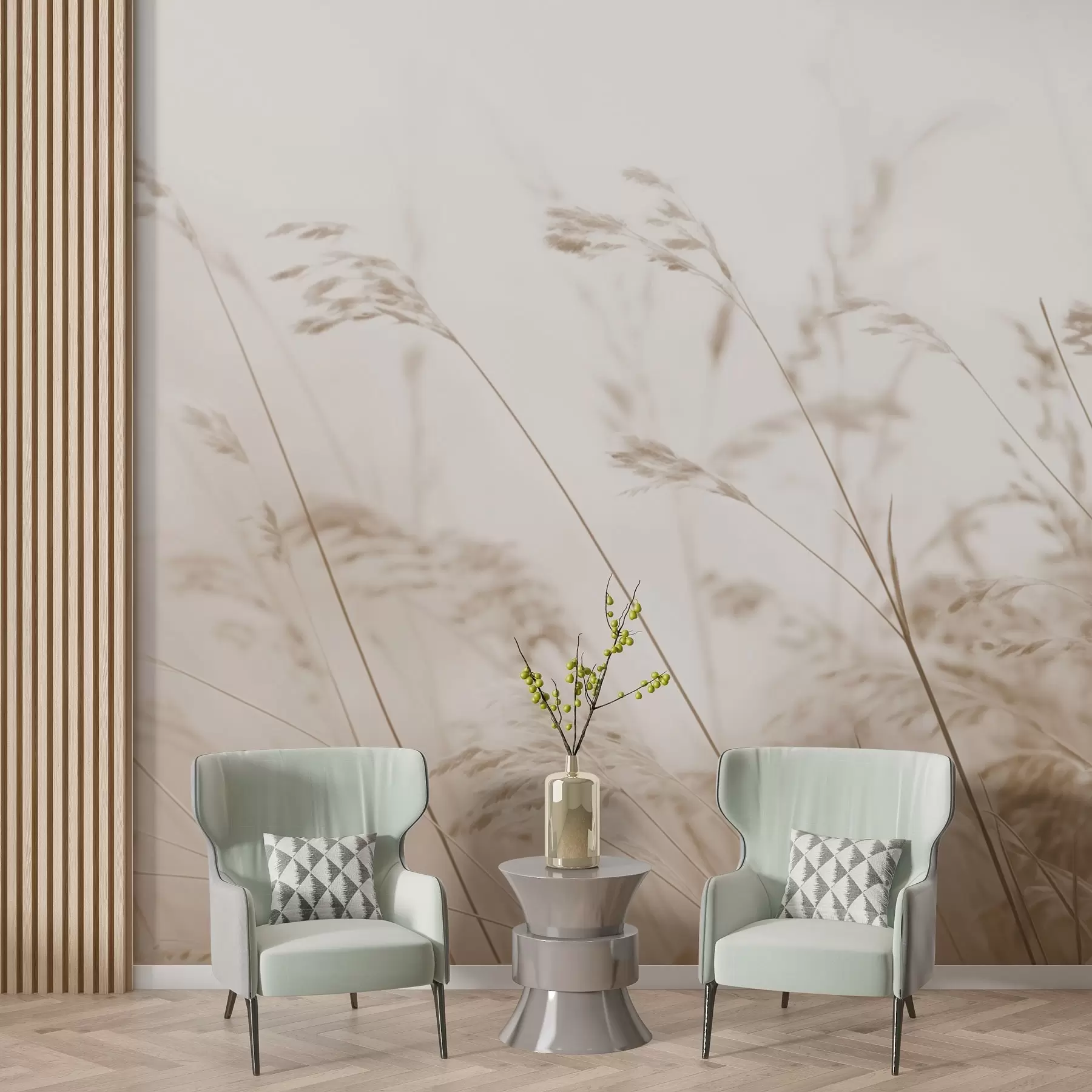 murais de parede Gramíneas do campo em um amanhecer com neblina w02250