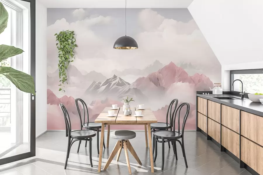 murais de parede Montanhas cor-de-rosa em meio a neblina e nuvens fofas w02296