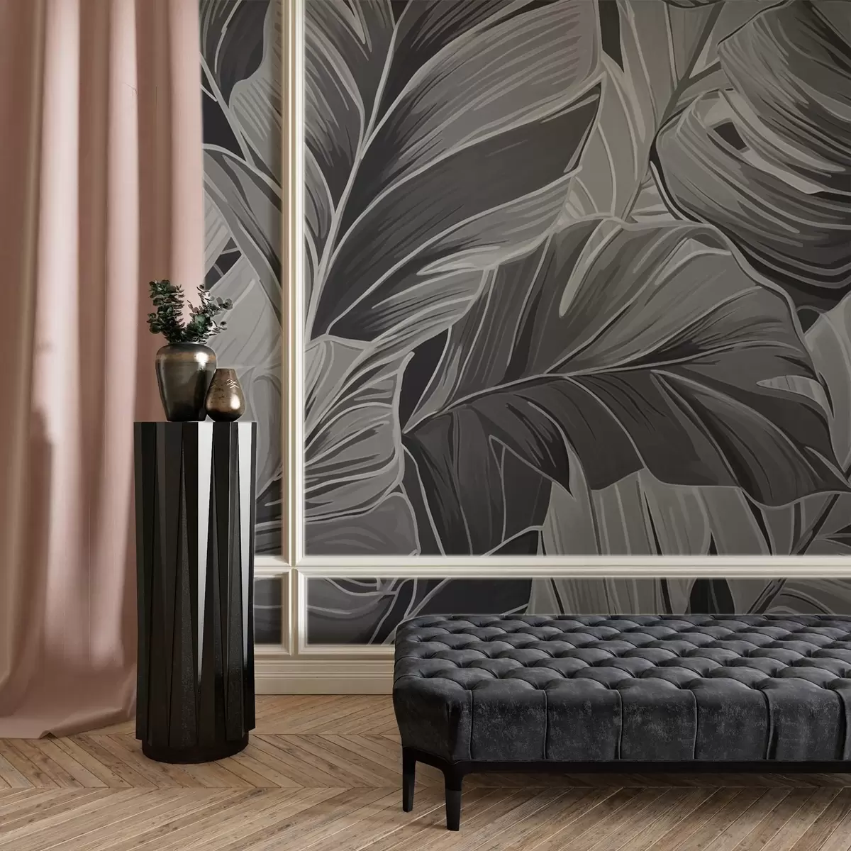 murais de parede Folhagem tropical monocromática em preto e branco w02261