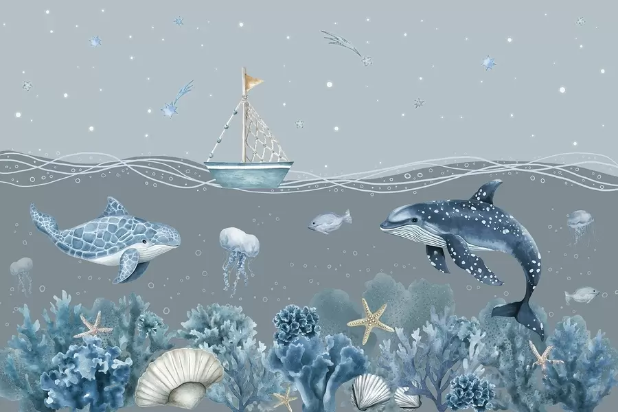 murais de parede Vida marinha, estilo aquarela, corais, barco, golfinho, água-viva, céu estrelado, cores azuis suaves w02310v3