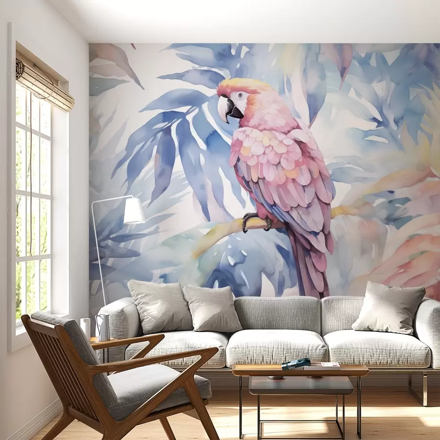murais de parede Papagaio rosa sentado em um galho imitação de pintura w02330
