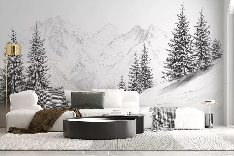 murais de parede Montanhas nevadas, desenho a lápis, minimalismo, floresta, natureza w02351
