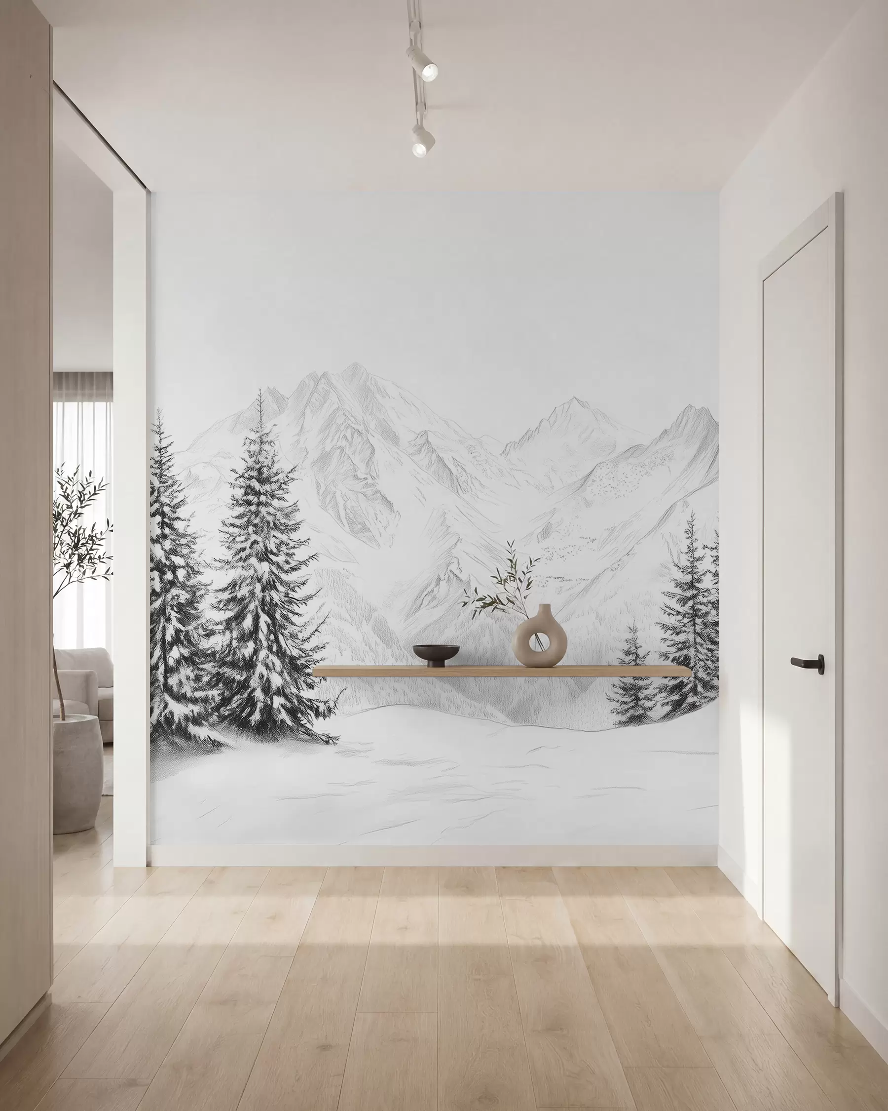 murais de parede Montanhas nevadas, desenho a lápis, minimalismo, floresta, natureza w02351
