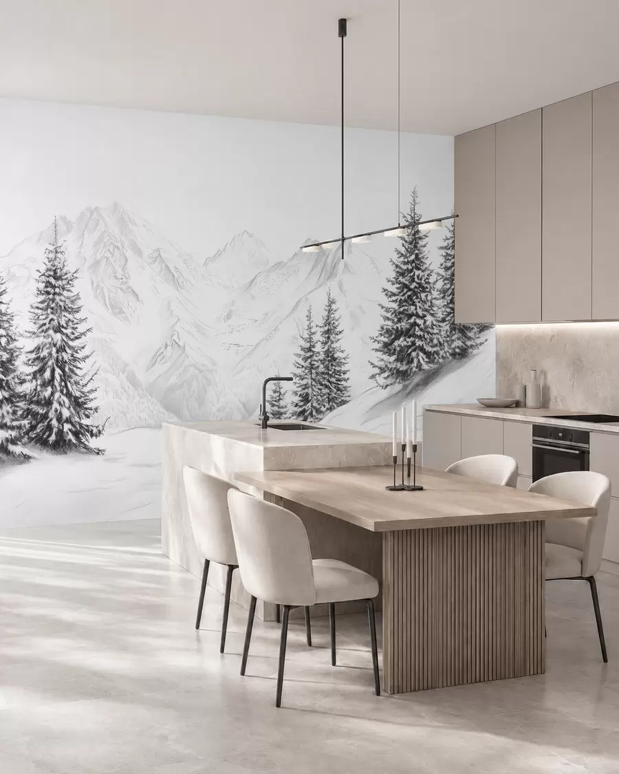 murais de parede Montanhas nevadas, desenho a lápis, minimalismo, floresta, natureza w02351
