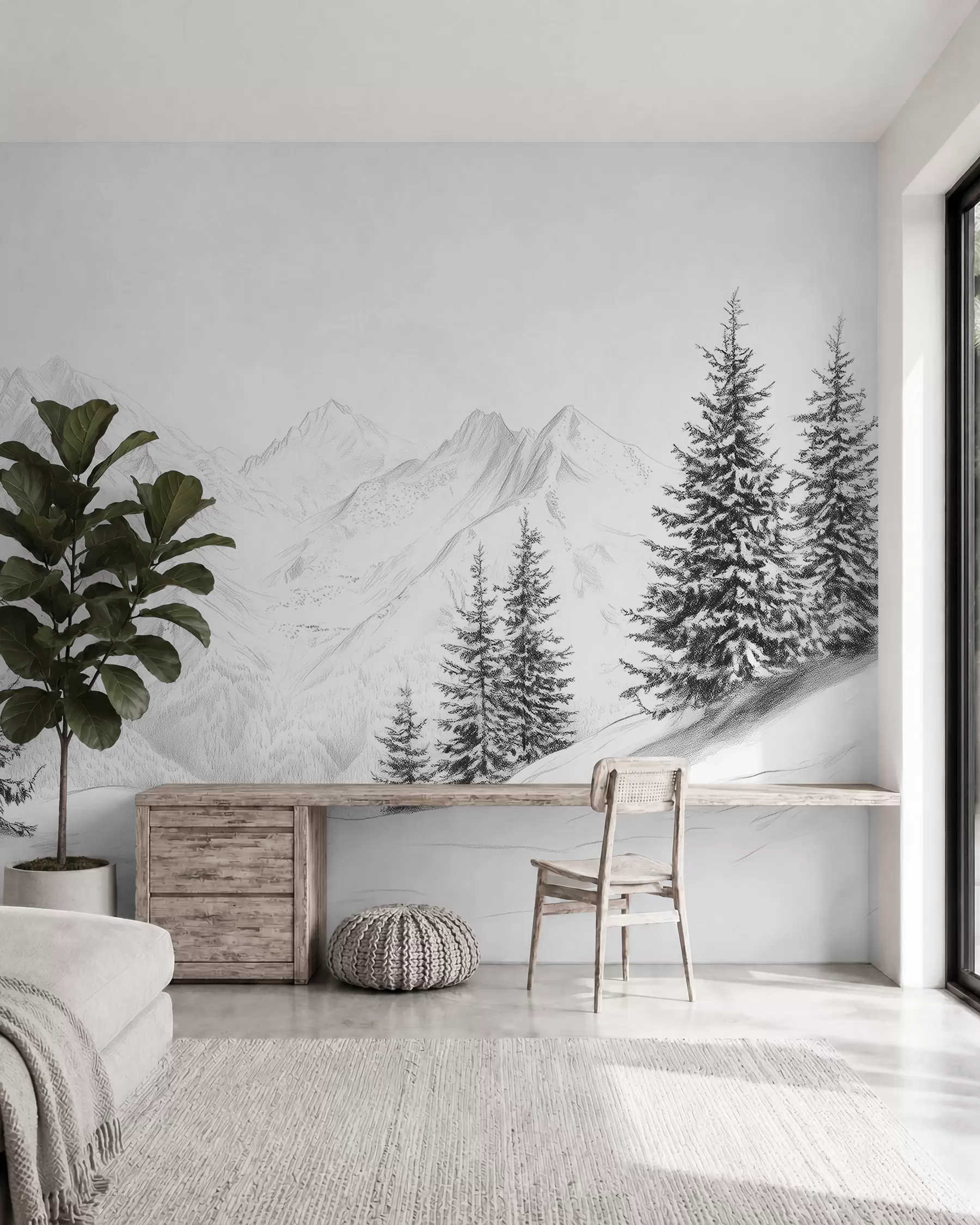 murais de parede Montanhas nevadas, desenho a lápis, minimalismo, floresta, natureza w02351