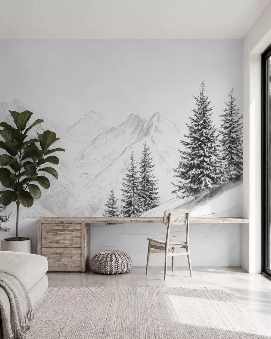 murais de parede Montanhas nevadas, desenho a lápis, minimalismo, floresta, natureza w02351