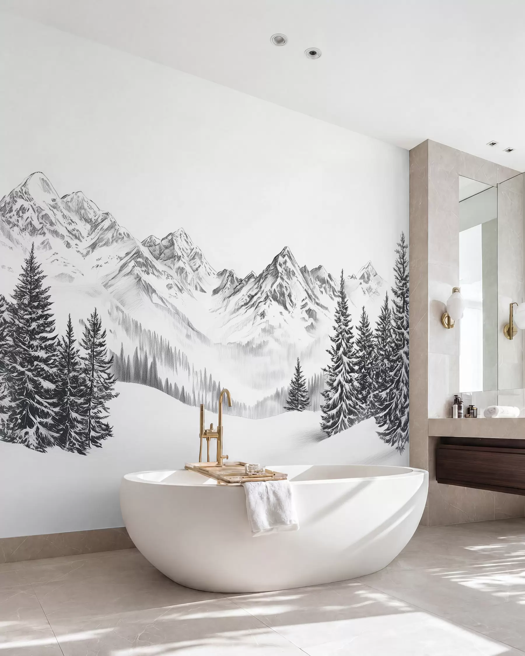 murais de parede Montanhas alpinas na neve, estilo lápis, minimalismo w02352