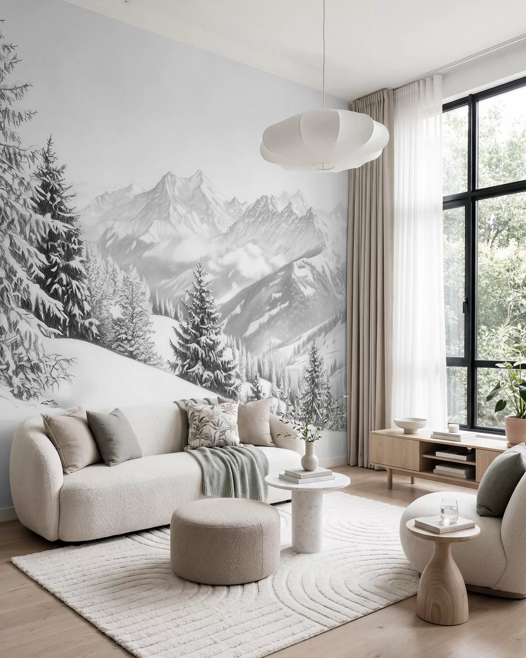 murais de parede Inverno nas montanhas, floresta, Alpes, desenho a lápis, paisagens naturais w02353