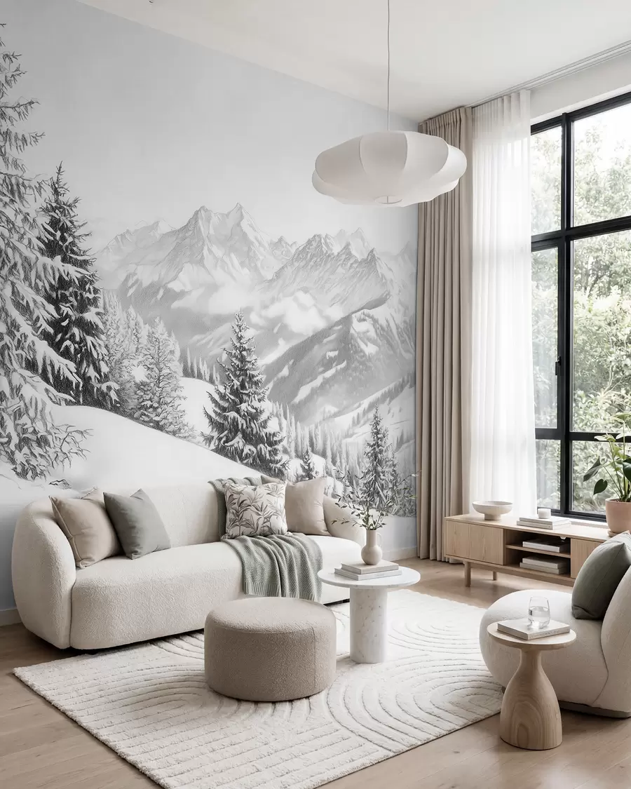 murais de parede Inverno nas montanhas, floresta, Alpes, desenho a lápis, paisagens naturais w02353