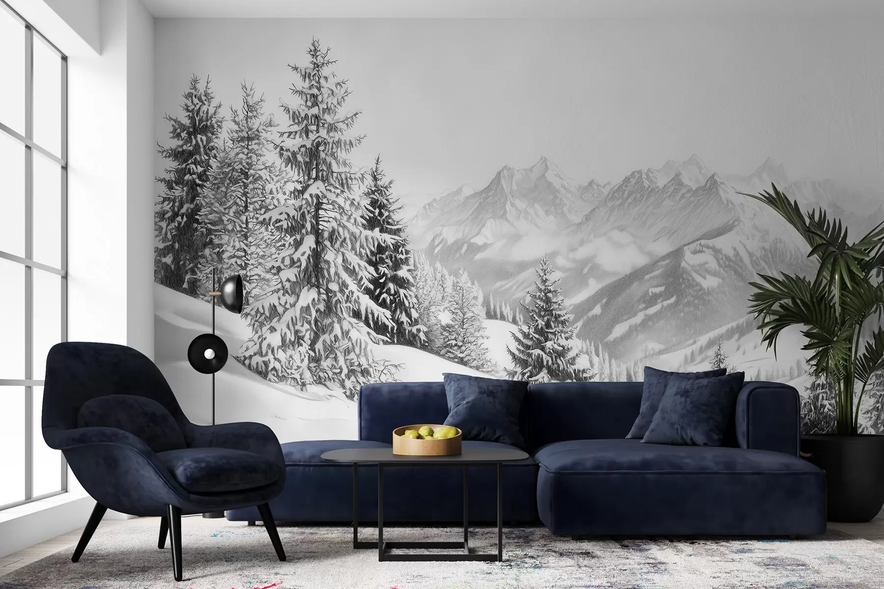 murais de parede Inverno nas montanhas, floresta, Alpes, desenho a lápis, paisagens naturais w02353