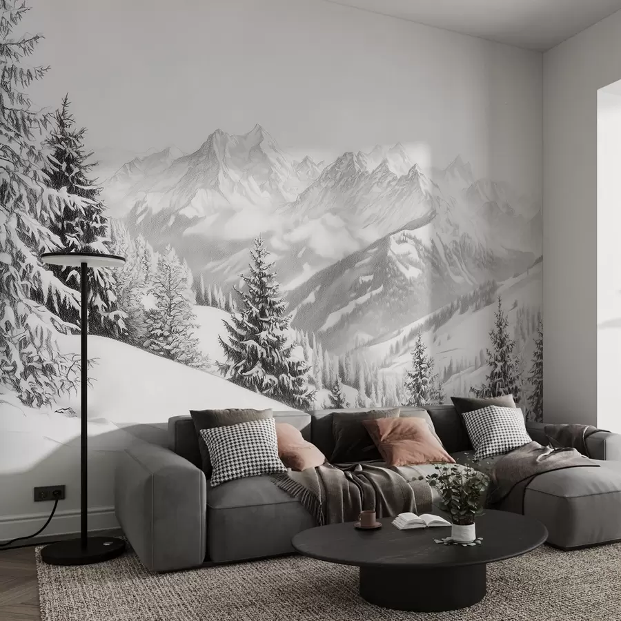 murais de parede Inverno nas montanhas, floresta, Alpes, desenho a lápis, paisagens naturais w02353