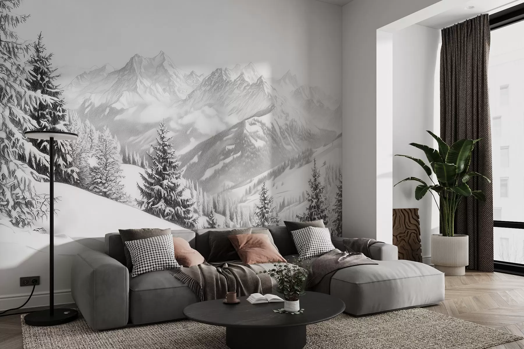murais de parede Inverno nas montanhas, floresta, Alpes, desenho a lápis, paisagens naturais w02353