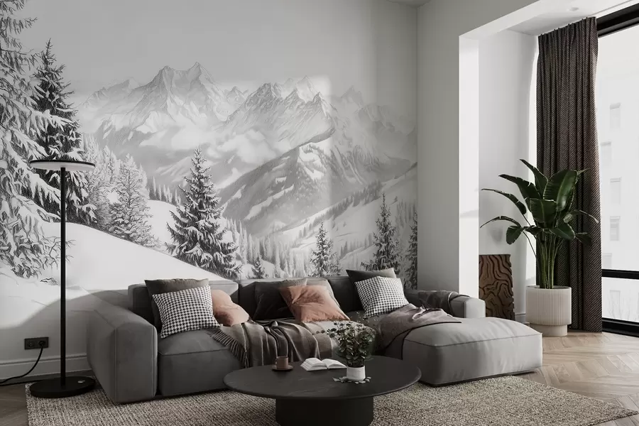 murais de parede Inverno nas montanhas, floresta, Alpes, desenho a lápis, paisagens naturais w02353
