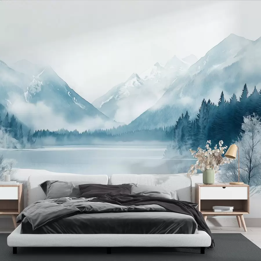 murais de parede Montanhas de inverno, lago congelado, floresta de pinheiros, paleta de cores azuis, estilo aquarela w02354