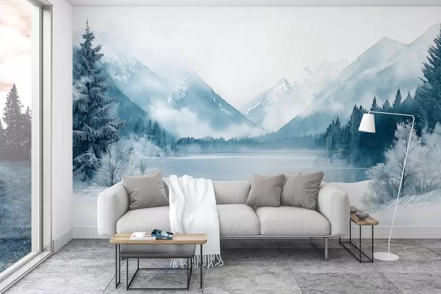 murais de parede Montanhas de inverno, lago congelado, floresta de pinheiros, paleta de cores azuis, estilo aquarela w02354