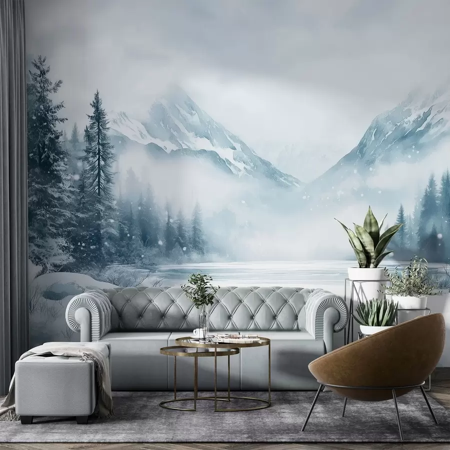 murais de parede Montanhas alpinas na neve, estilo aquarela, inverno, cores azuis, pinheiros w02356