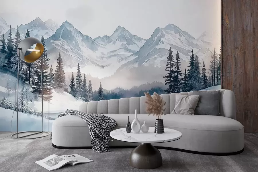 murais de parede Montanhas com lago, inverno, floresta, céu ao pôr do sol, natureza w02357