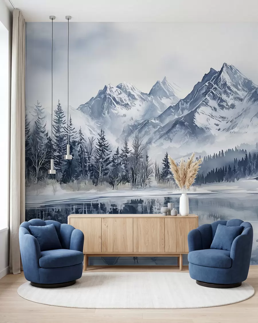 murais de parede Floresta e picos nevados w02358