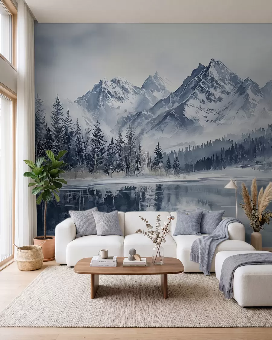 murais de parede Os Alpes na neve, floresta de inverno, lago congelado, paleta de cores azul  w02358