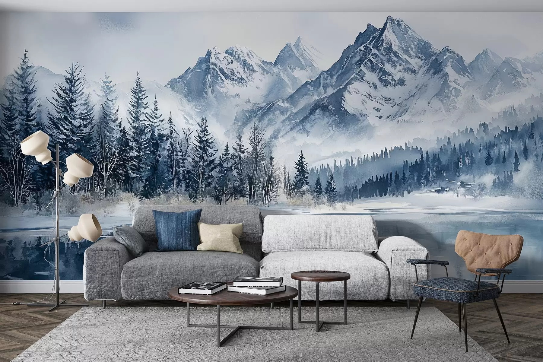 murais de parede Os Alpes na neve, floresta de inverno, lago congelado, paleta de cores azul  w02358