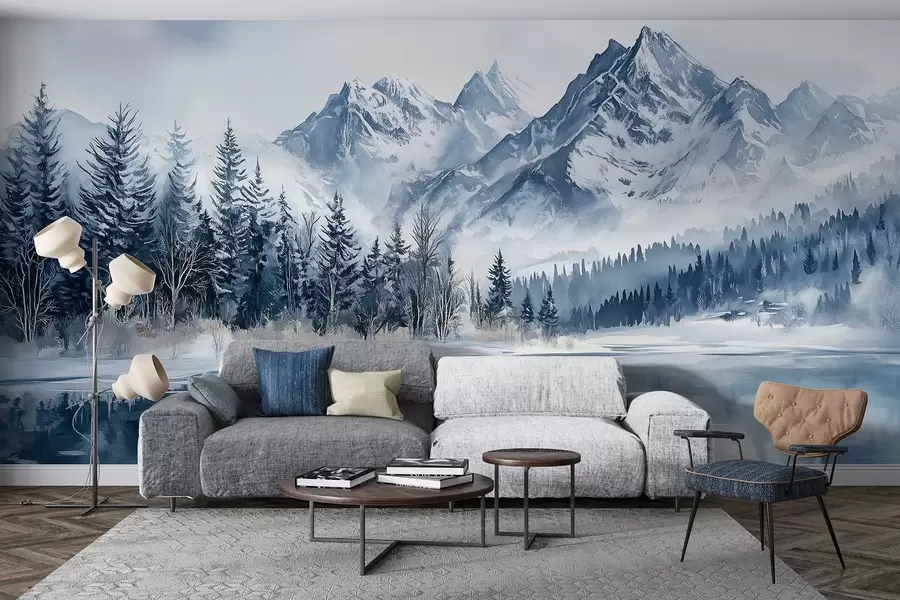 murais de parede Os Alpes na neve, floresta de inverno, lago congelado, paleta de cores azul  w02358