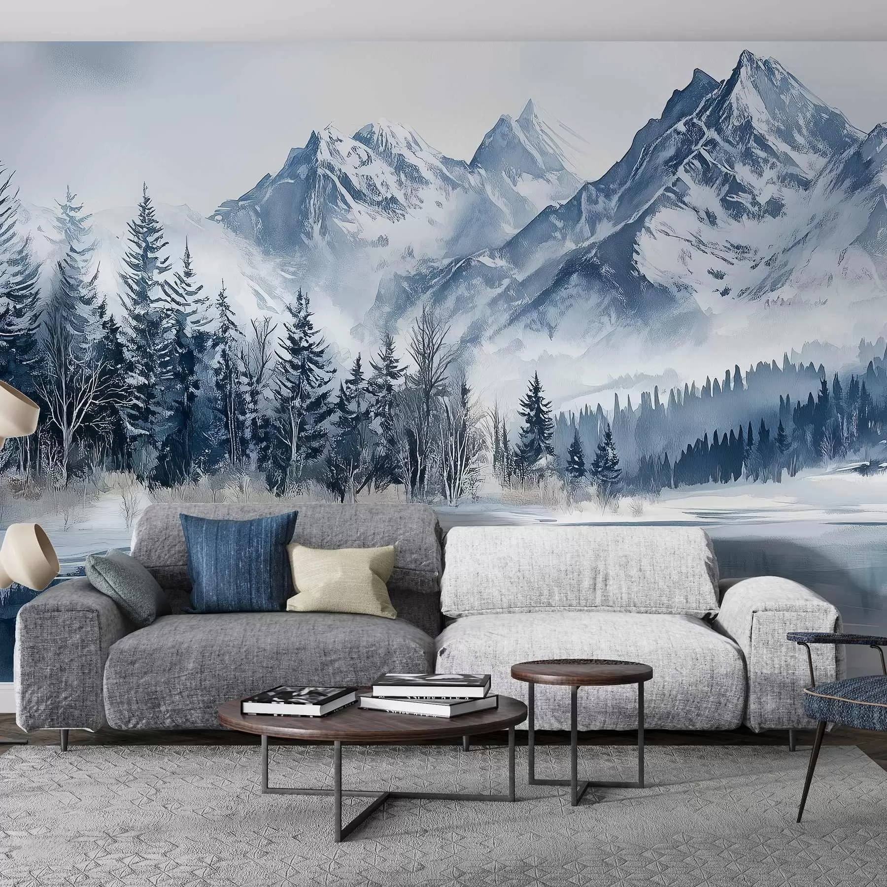 murais de parede Os Alpes na neve, floresta de inverno, lago congelado, paleta de cores azul  w02358