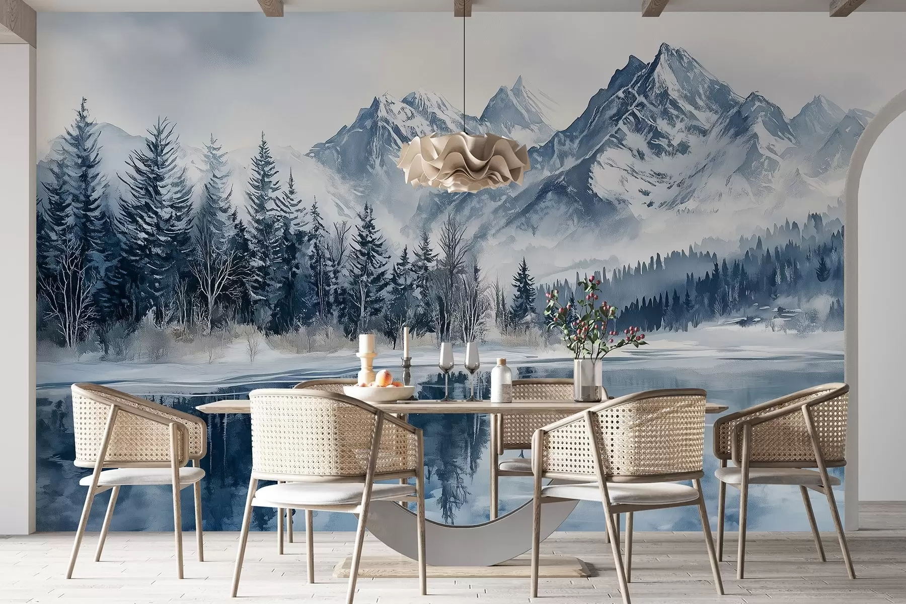 murais de parede Os Alpes na neve, floresta de inverno, lago congelado, paleta de cores azul  w02358