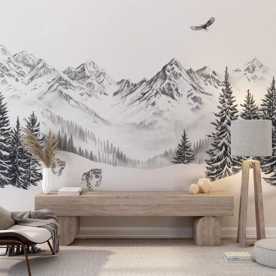 murais de parede Montanhas de inverno, leopardos da neve, floresta de pinheiros, desenho a lápis, águia voadora w02360