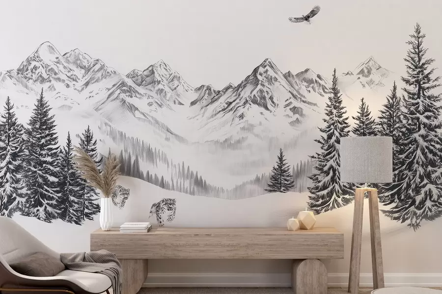 murais de parede Montanhas de inverno, leopardos da neve, floresta de pinheiros, desenho a lápis, águia voadora w02360