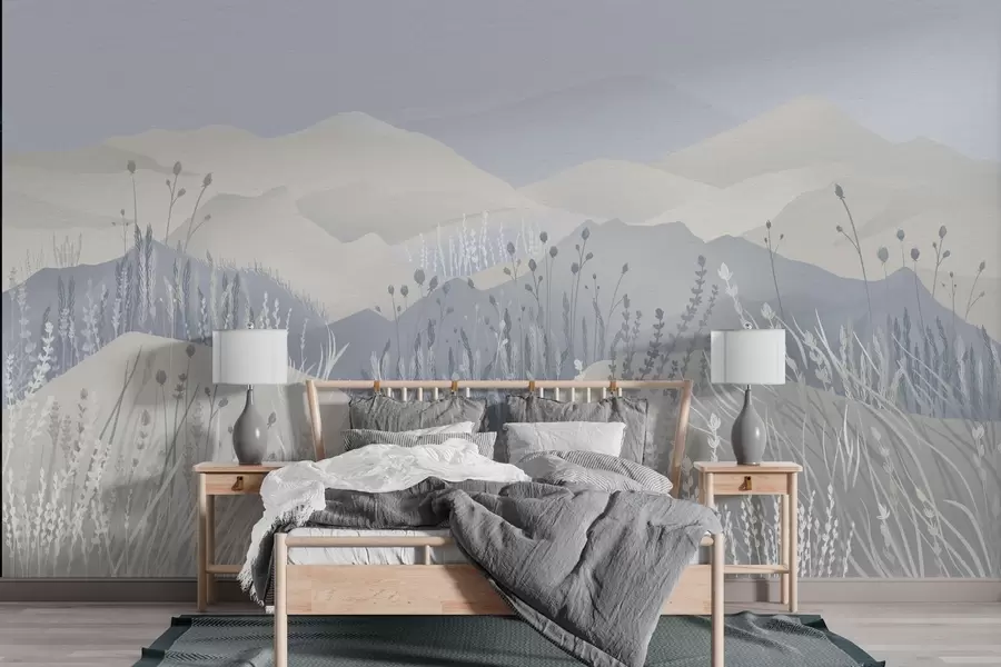 murais de parede Montanhas enevoadas, gramíneas e flores do campo em tons de azul w02317v1