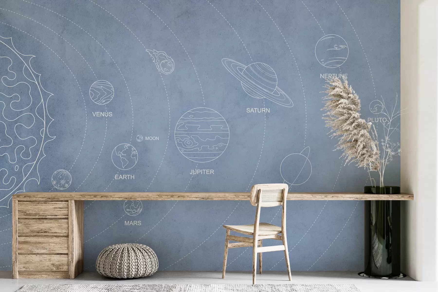 murais de parede Sistema solar em um estilo minimalista em um fundo azul texturizado w02344v1