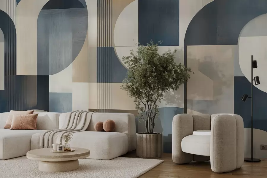 murais de parede Papel de parede Art Déco com padrão geométrico em tons de azul, bege e leitoso w02346