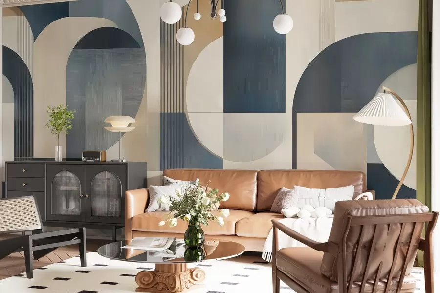 murais de parede Papel de parede Art Déco com padrão geométrico em tons de azul, bege e leitoso w02346