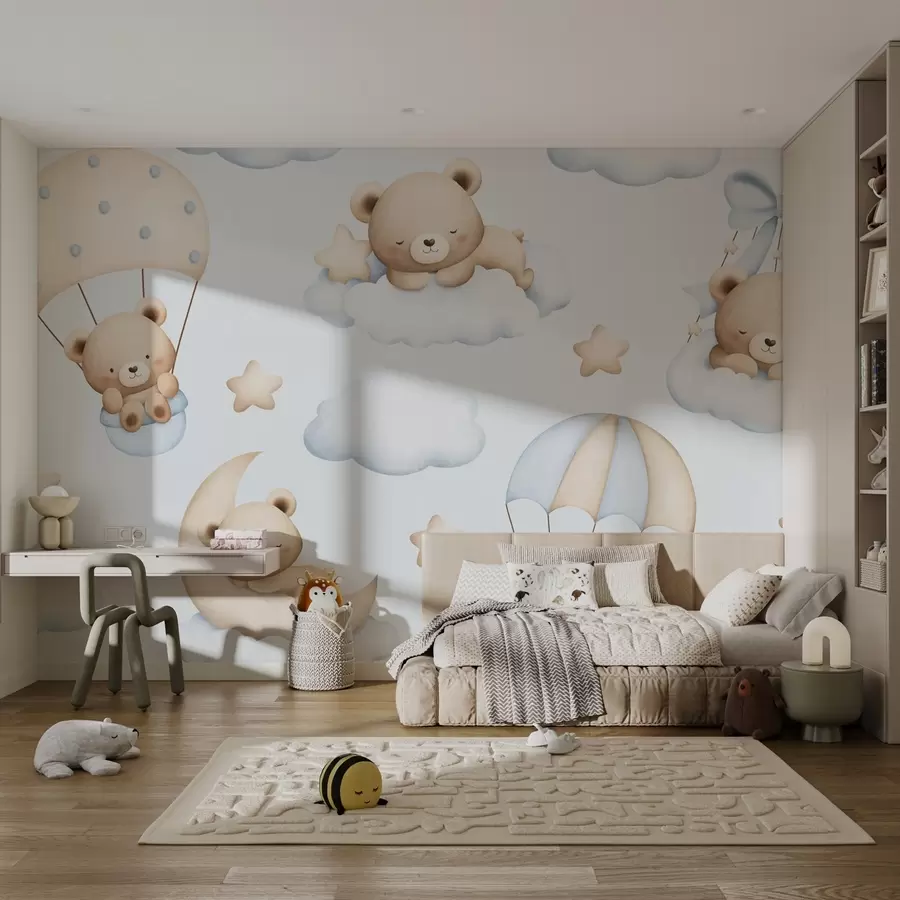 murais de parede Ursos em paraquedas e nuvens em um fundo azul w02385