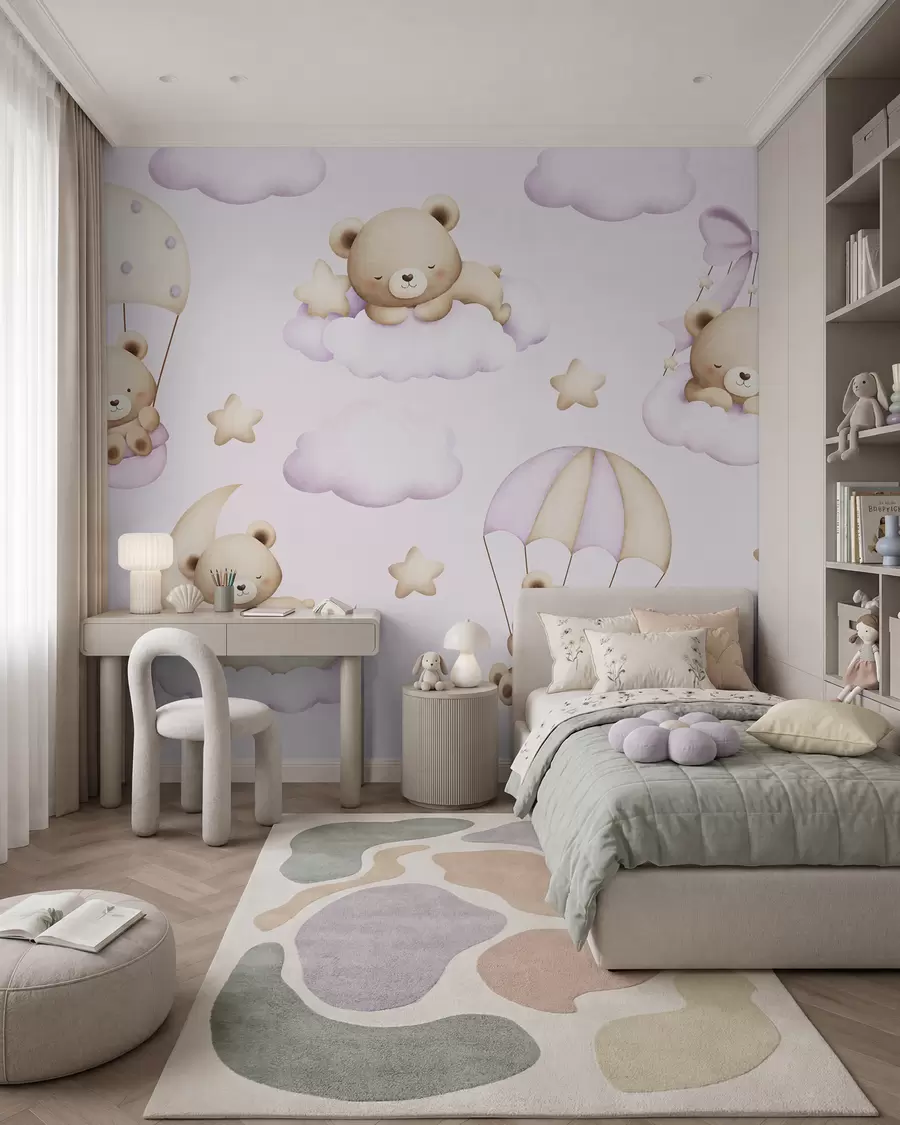 murais de parede Ursos em paraquedas e nuvens em um fundo rosa w02385v1