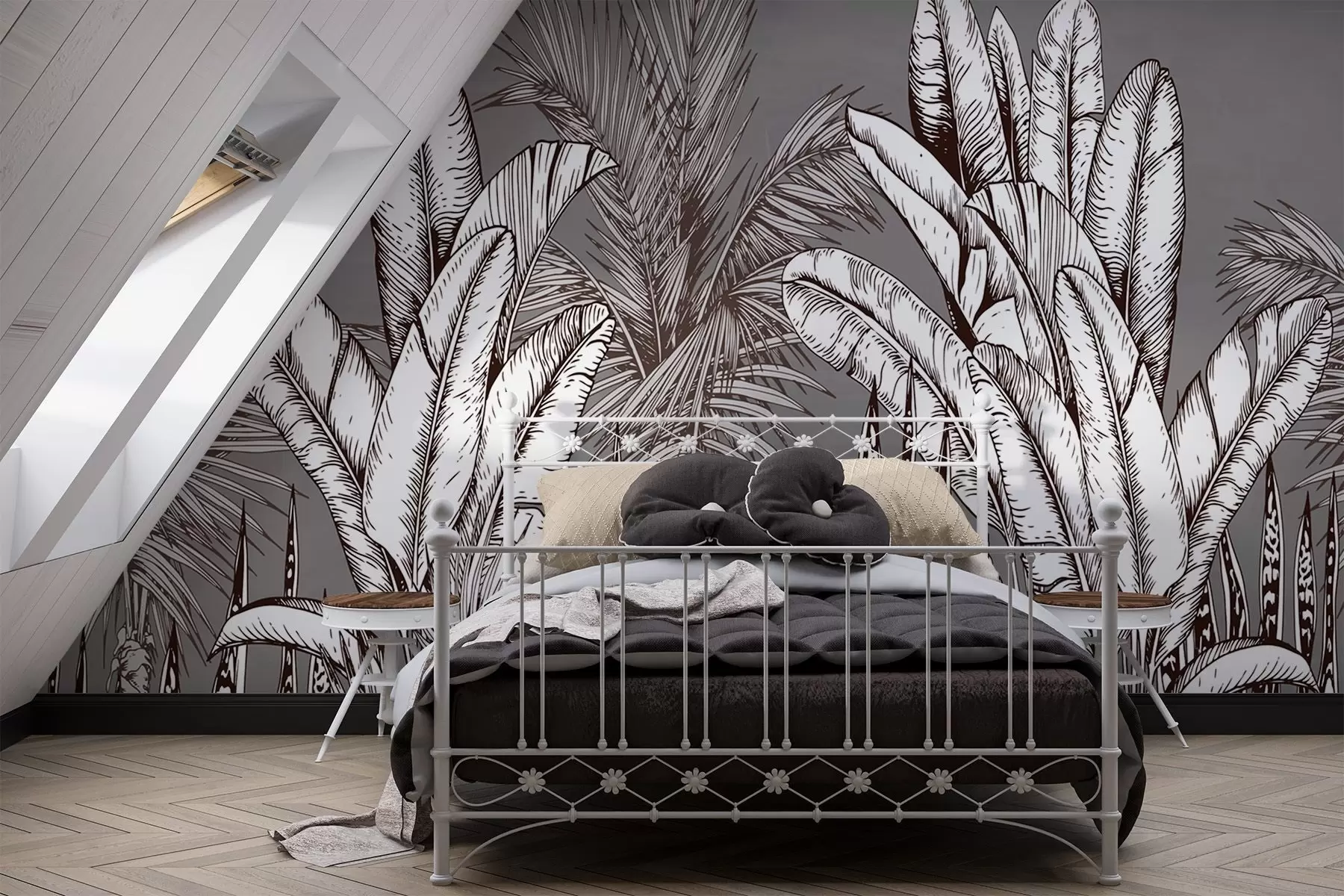 murais de parede Padrão com folhas tropicais em um fundo cinza w02299