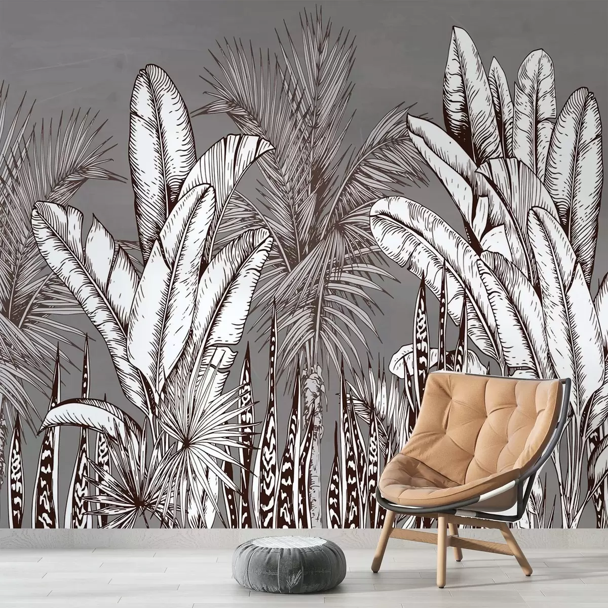 murais de parede Padrão com folhas tropicais em um fundo cinza w02299