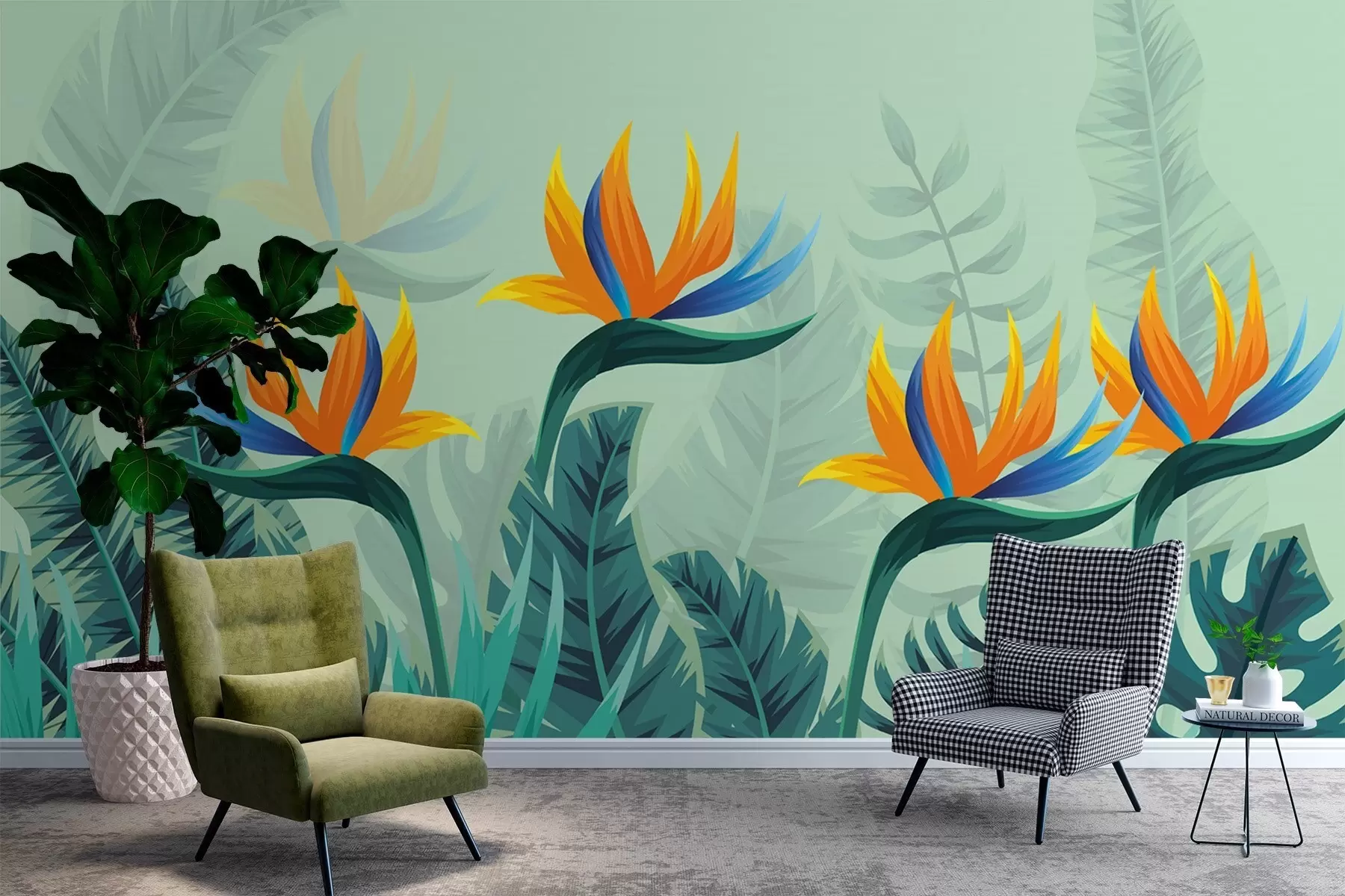 murais de parede Folhas brilhantes em um fundo verde com linhas brancas w02301