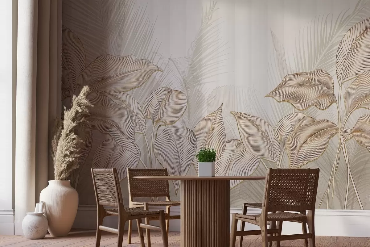 murais de parede Elegantes folhas de palmeira brancas e bege em um fundo claro e texturizado w08434