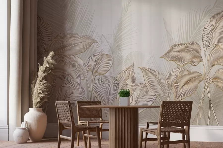 murais de parede Elegantes folhas de palmeira brancas e bege em um fundo claro e texturizado w08434