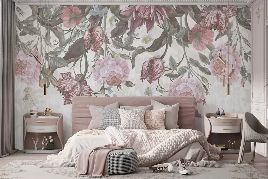 murais de parede Um arranjo floral exuberante com grandes flores rosas e brancas, com folhas e caules verdes  w08435
