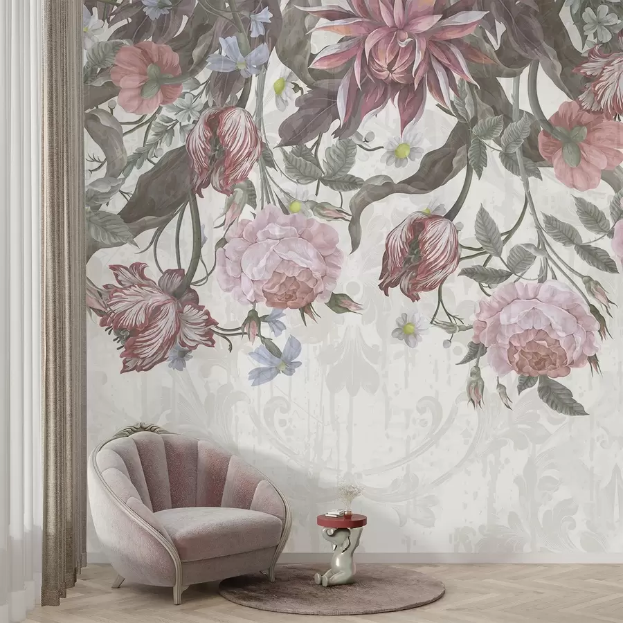murais de parede Um arranjo floral exuberante com grandes flores rosas e brancas, com folhas e caules verdes  w08435
