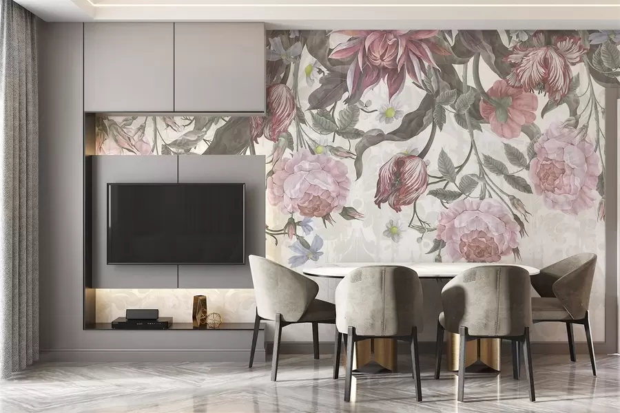 murais de parede Um arranjo floral exuberante com grandes flores rosas e brancas, com folhas e caules verdes  w08435