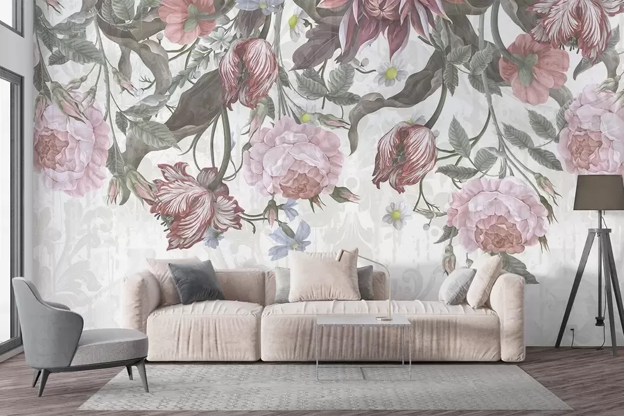 murais de parede Um arranjo floral exuberante com grandes flores rosas e brancas, com folhas e caules verdes  w08435